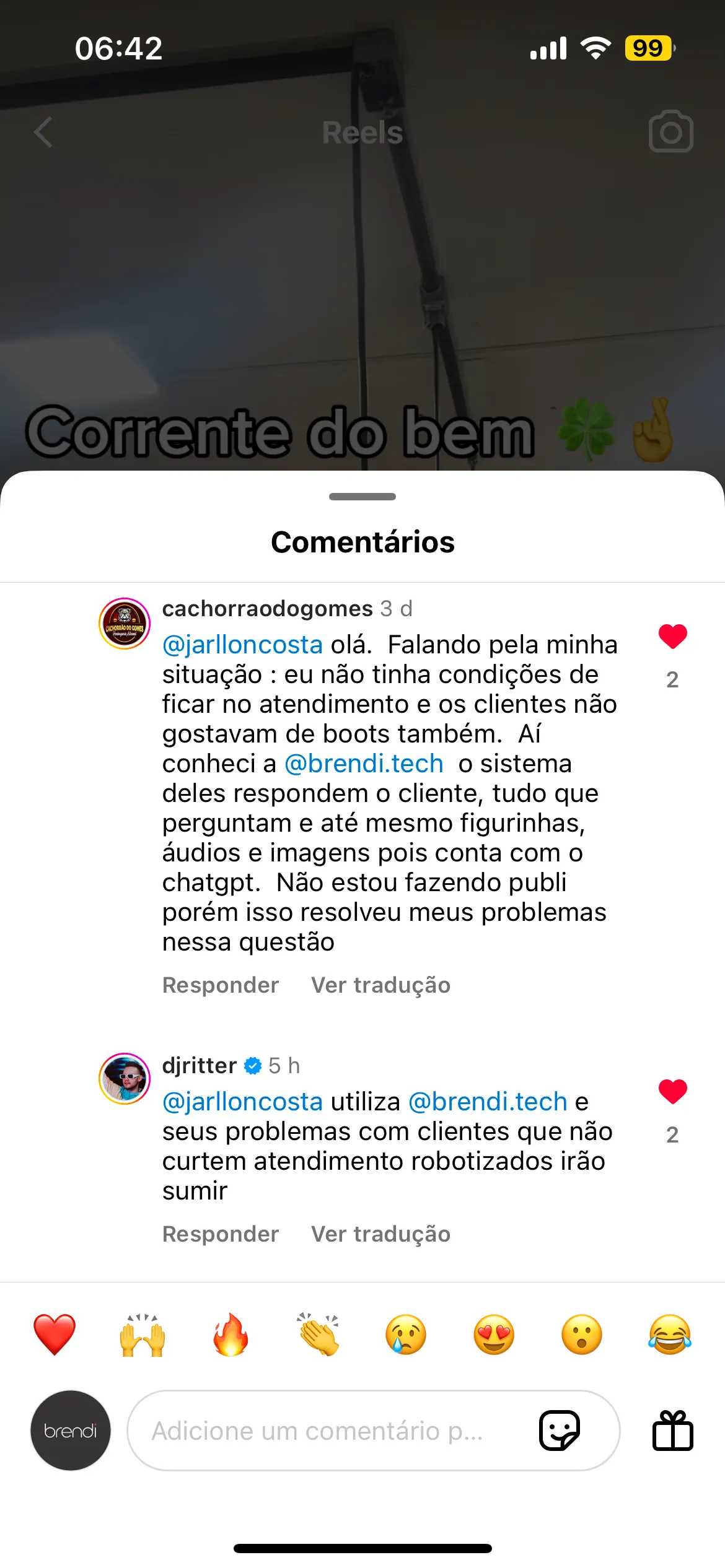 Cliente elogiando o atendimento do delivery pelo WhatsApp com a Brendi