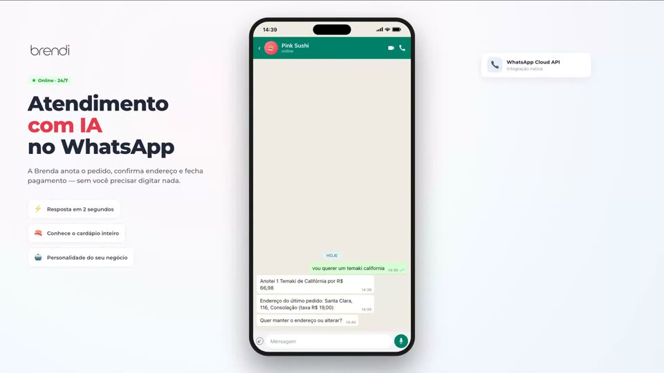 Atendimento de delivery pelo WhatsApp com IA da Brendi