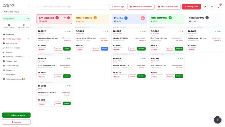 Gestor de pedidos do sistema para delivery da Brendi