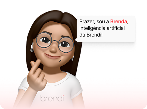 Brenda ao lado de um balão de fala escrito: "Prazer, sou a Brenda, inteligência artificial da Brendi"